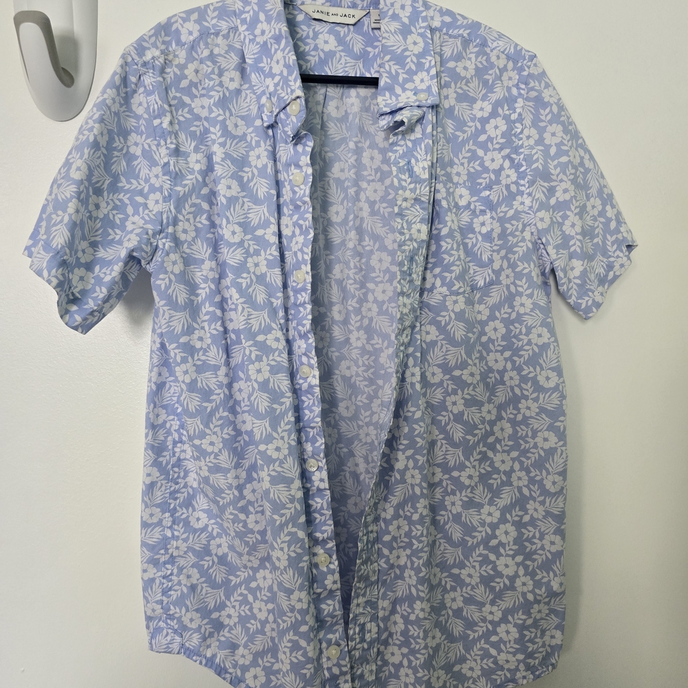 Janie And Jack Light Blue and White Floral Short-Sleeve Button-Down Shirt